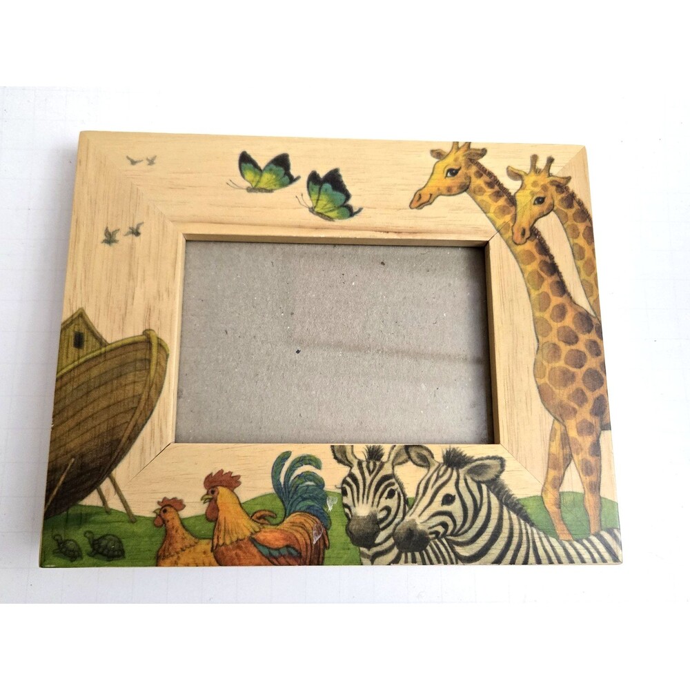 Handcrafted Noah's Ark Wooden Painted Animals Picture Frame 3" x 5" Baby Photo